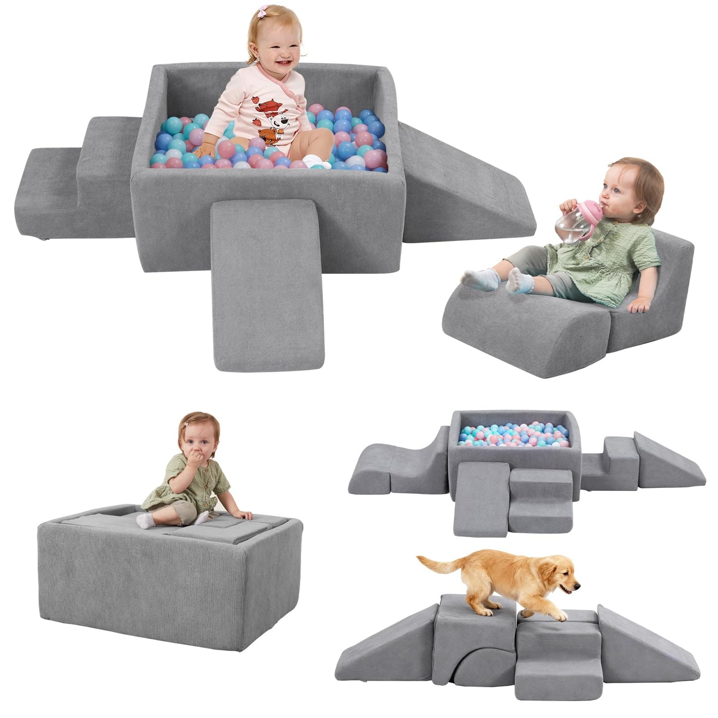MOOZHEALTH Baby Climbing Blocks with Ball Pit, 6-Piece Foam Climb & Crawl Play Set for Toddlers 1–3, Modular Soft Play Equipment with Washable Cover, Indoor Activity Toys, Gray (Balls Not Included)