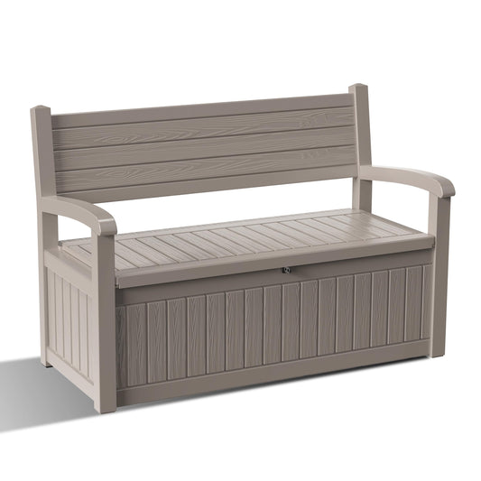 EasyUp 80 Gallon Wood Grain Style Outdoor Storage Bench, Waterproof and Lockable Deck Box Outdoor Storage Furniture for Patio,Garden,and Porch-Perfect for Storing Garden Tools(Grey Srtipe)