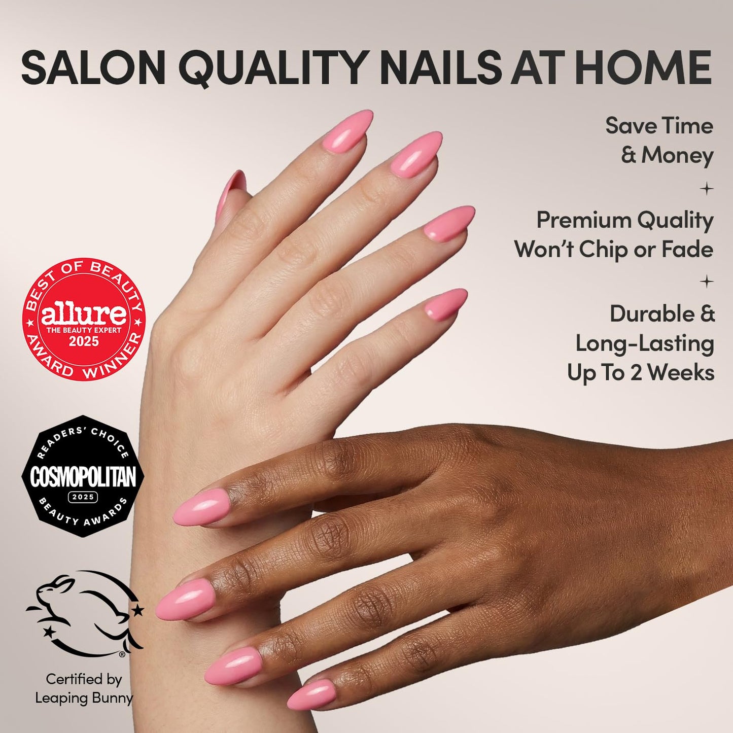 Glamnetic Press On Nails - Flamingo Pink | Opaque Classic Pink Short Almond Fake Nails, Salon Quality | 15 Sizes - 30 Nail Kit