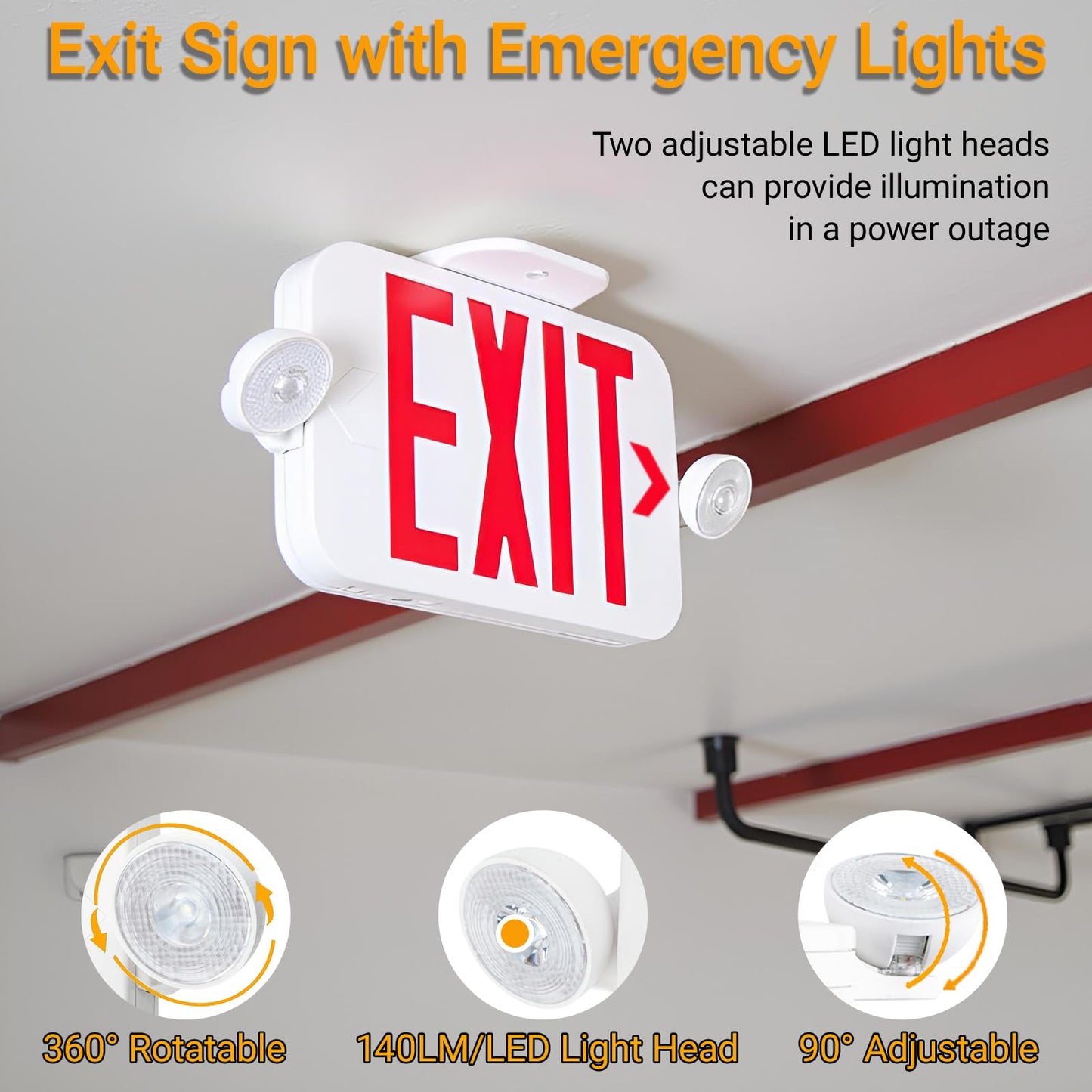 LIT-PaTH LED Combo EXIT Sign with 2 Adjustable Head Lights and Double Face, Back Up Batteries- US Standard Red Letter Emergency Exit Lighting, UL 924 and CEC Qualified, 120-277 Voltage, 4-Pack
