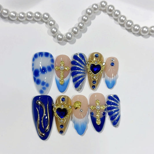 10Pcs Handmade Almond Press on Nails Acrylic Medium Fake Nails Blue French Tip False Nails with Golden Seashell Heart Rhinestone Design Glitter Artificial Stick on Nail for Women Handmade Nail (S)