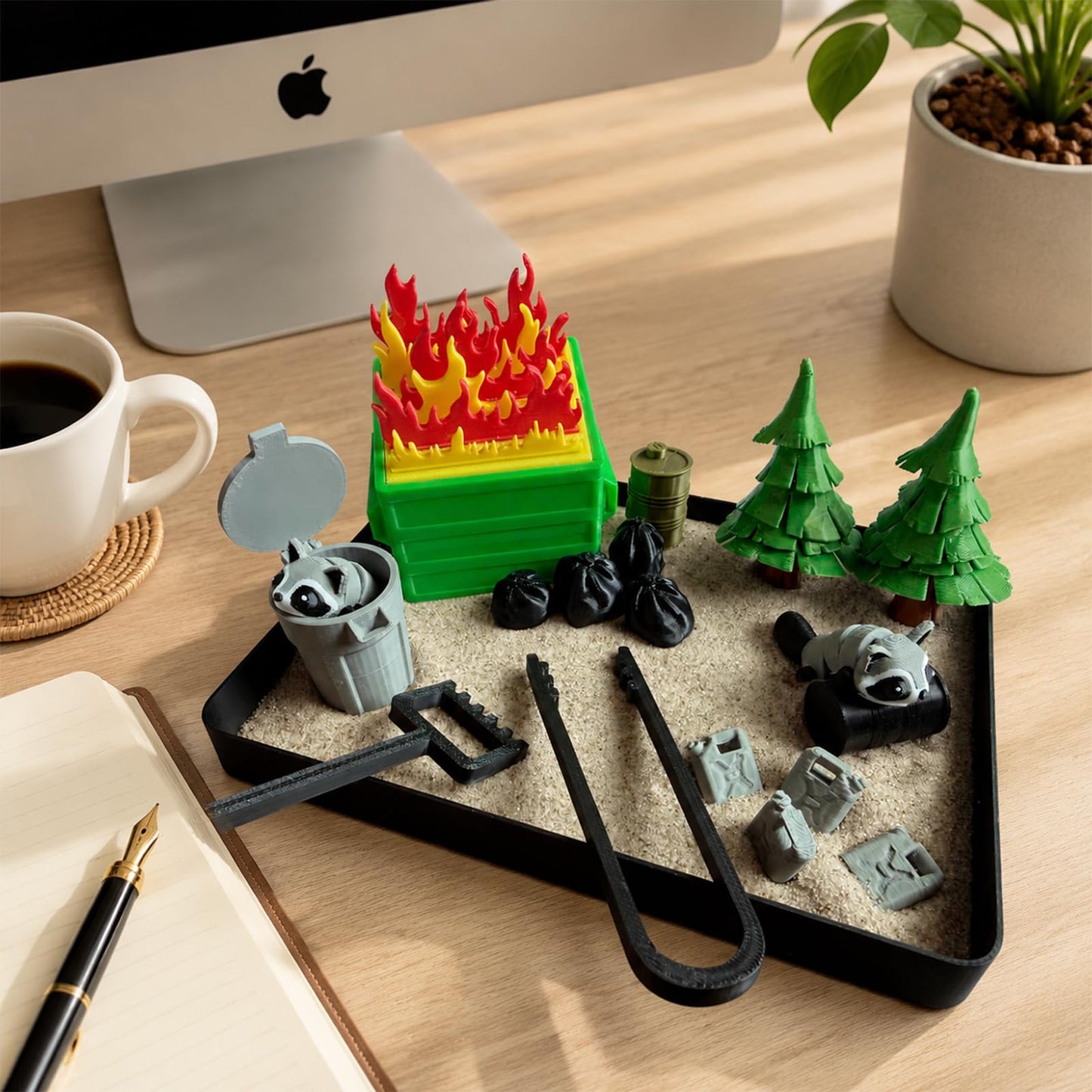 Dibetoy Dumpster Fire Zen Garden Compact Desk Decor, 3D Print Plastic Miniature Sandbox, Office Stress Relief Gift for Humor Lovers