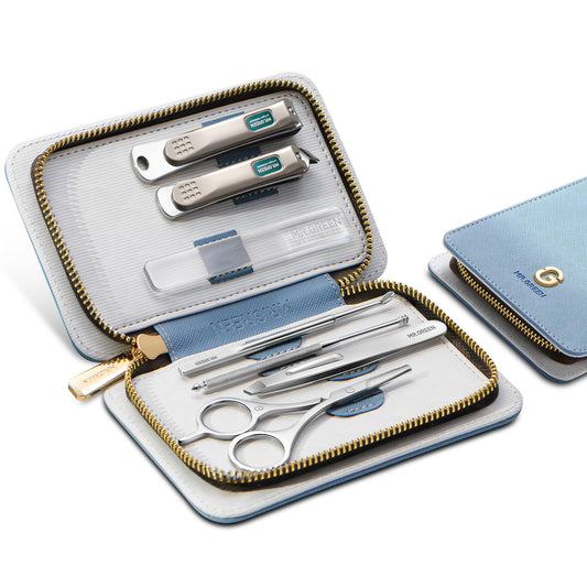MR.GREEN Fashion Imprint Manicure Sets Professional Nail Clipper Set Personal Care Tool Kits Nial Cutter Gift with Leather Case (Blue(7Pcs Set))