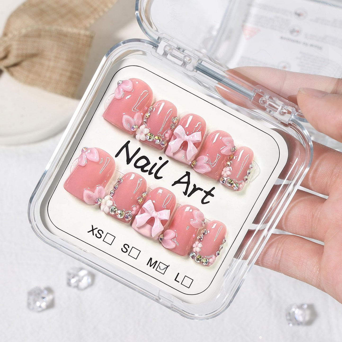10 Pcs Handmade Press on Nails Short Square Fake Nails with 3D Flower Bow Rhinestones Charms Design White French Tip Acrylic False Nails M Size Press Ons Nails Square Pink for Women