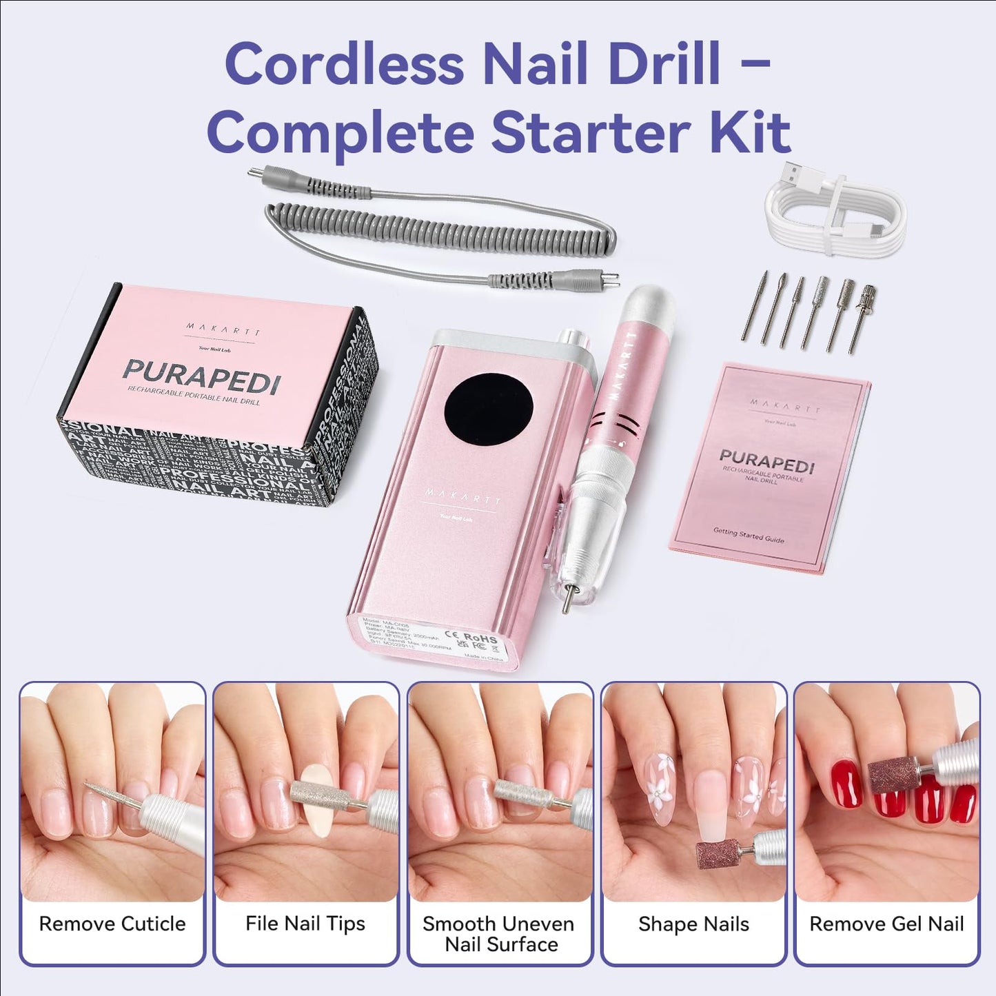 Makartt Cordless Nail Drill 30000RPM - Rechargeable Electric Nail File for Beginners & Pros Ready, Quiet 8H Efile Kit for Acrylic & Gel Removal, 48W Carbon Motor with LCD, Home & Beauty School, Pink