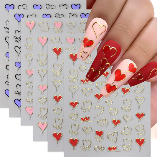 6 Pcs Heart Nail Art Stickers Valentines Day Nail Decals 3D Self Adhesive Hearts Nail Sticker Pink Purple Red Gold Heart Love Design Hollow Heart Nails Supplies Holiday Nail Accessories for Women