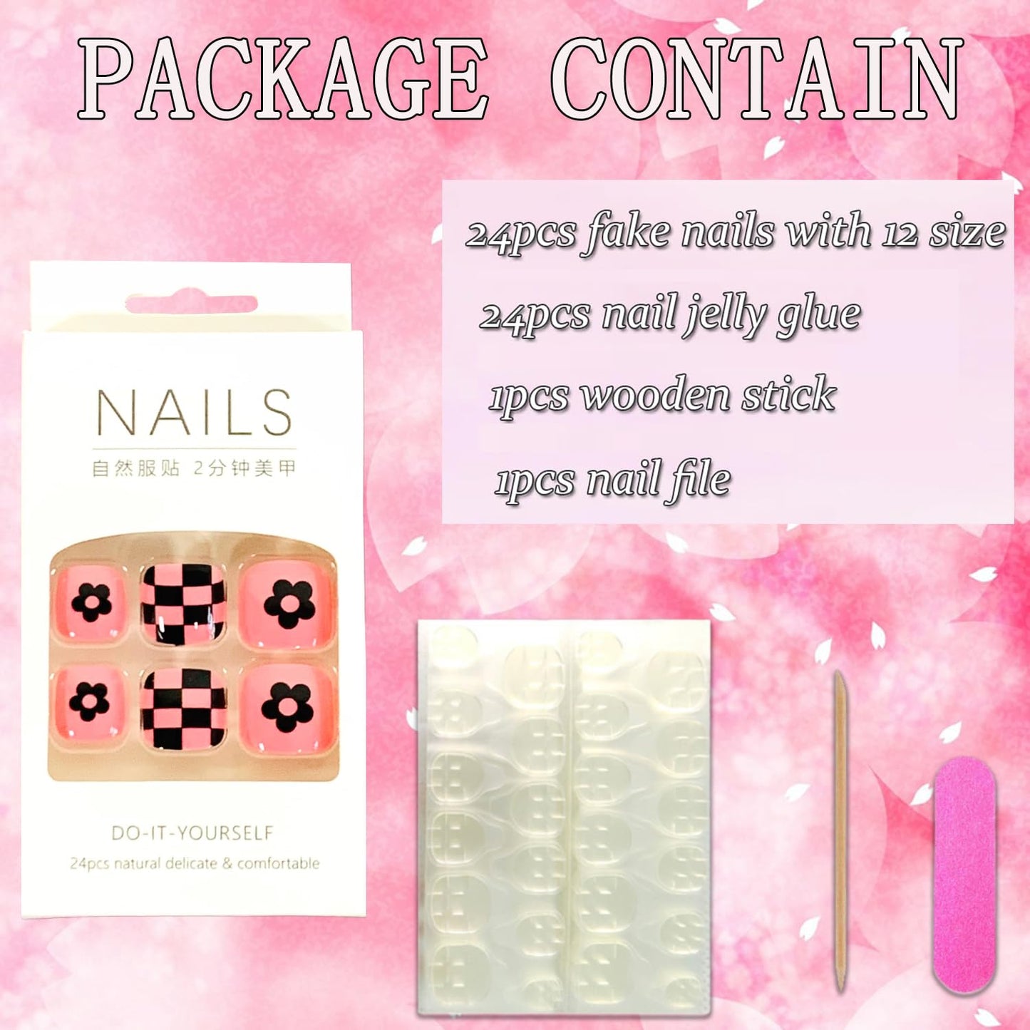 Vezocim Artificial Fake Toenails Sets, 24Pcs Pink Black Press on Toenails with Plaids and Flower Designs, Glossy Full Cover Acrylic False Nails for Toe Press ons Toenails with Charm for Women