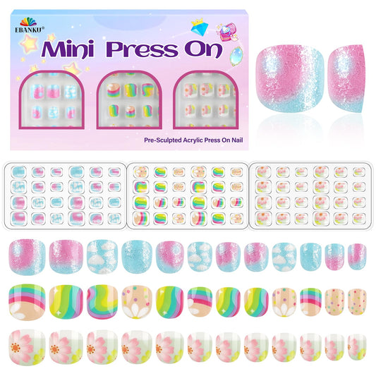 72 Pieces Press on Nails Kids, EBANKU Girls Fake Artificial False Nail Tips Pre Adhesive Pads Full Cover Press on Nails for Girls Nail DIY