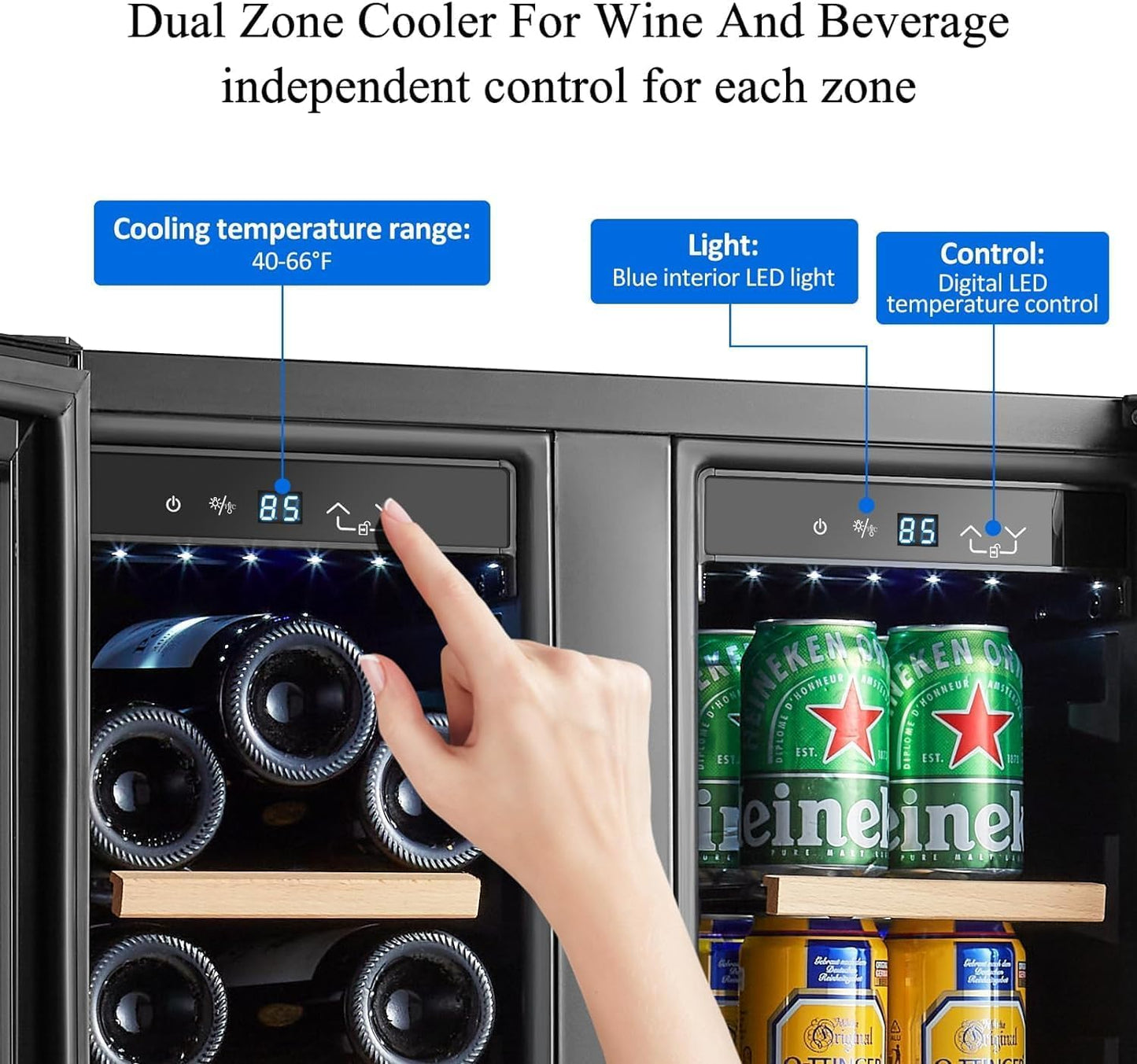 BODEGA 24 Inch Wine and Beverage Refrigerator Free Standing. Dual Zone Stainless Steel Wine Fridge under Counter, Drink Cooler for Beer, Soda, Champagne, Holds 41 Cans and 17 Bottles, Black