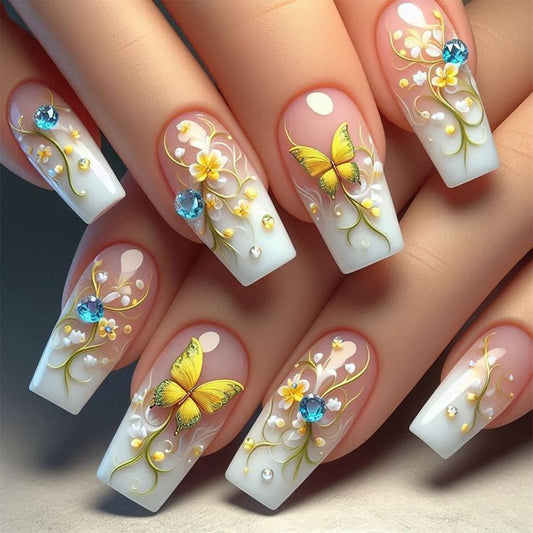 LOPMNGHT Flower Press on Nails Medium Ballet Shaped Glitter Rhinestones Buttefly Pattern Design Gradient Artificial False Nails Full Cover Reusable Glue on Nail for Women Blossom Manicure 24Pcs