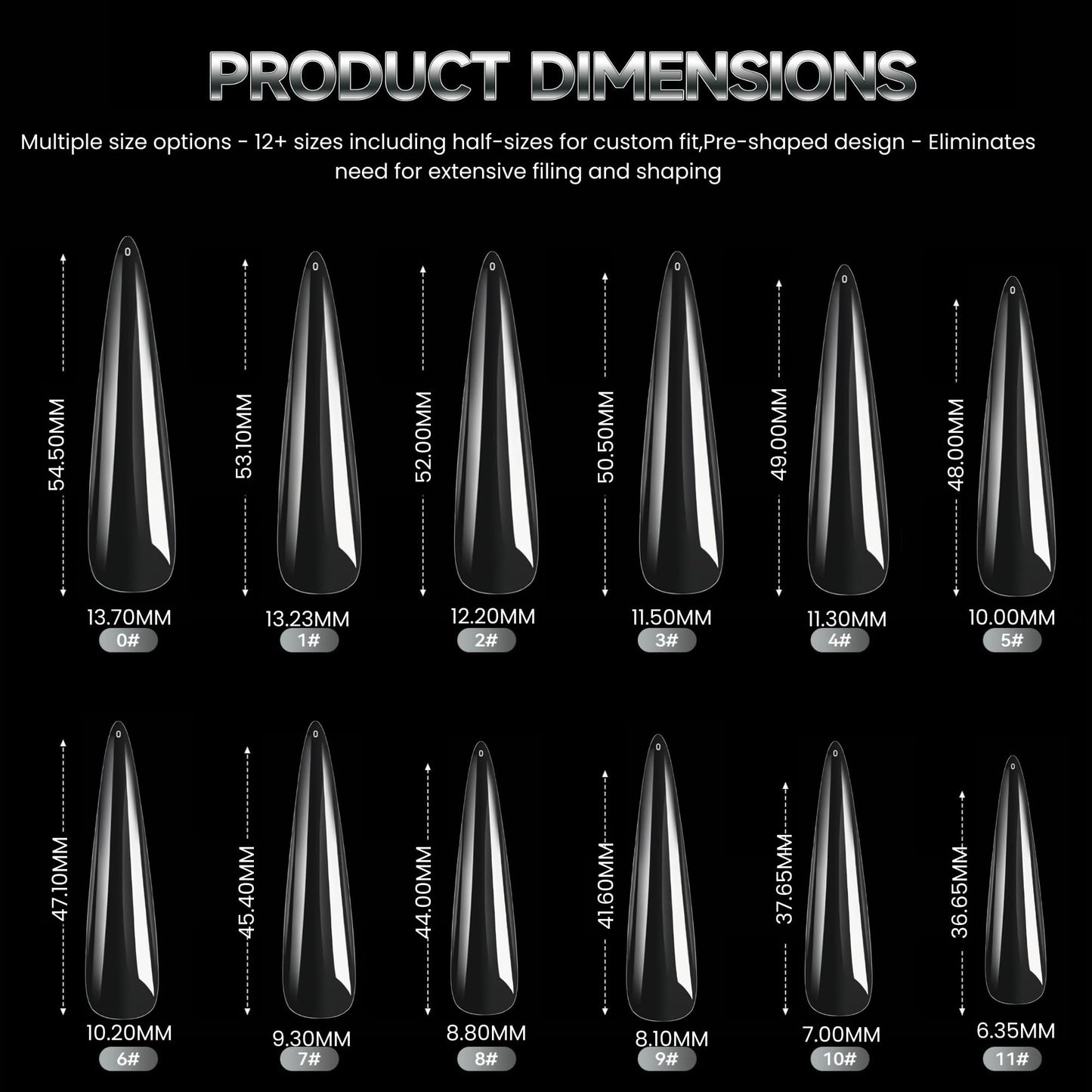 AKA Unicorn Long Stiletto Nail Tips, Full Cover Soft Gel Nail Tips, Clear Press On Nail Extensions for Home Salon DIY 12 Sizes