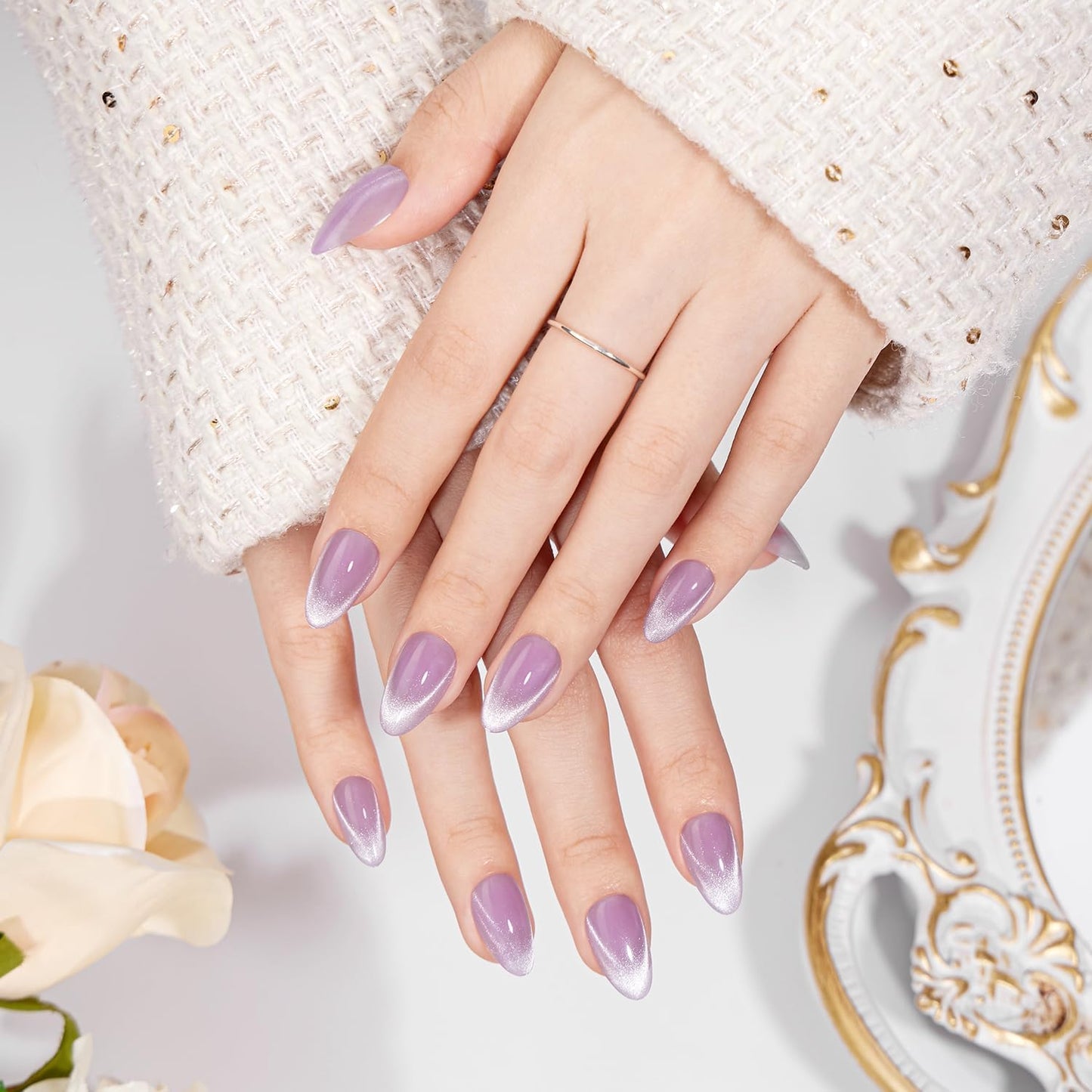 VSALON Almond Short Press On Nails, Pastel Light Purple Summer Ombre Sheer Cat Eye French Tip Light Curable Fake Nails, Reusable Stick On False Nails - 32 Pcs Nails Kit in 16 Sizes with Glues