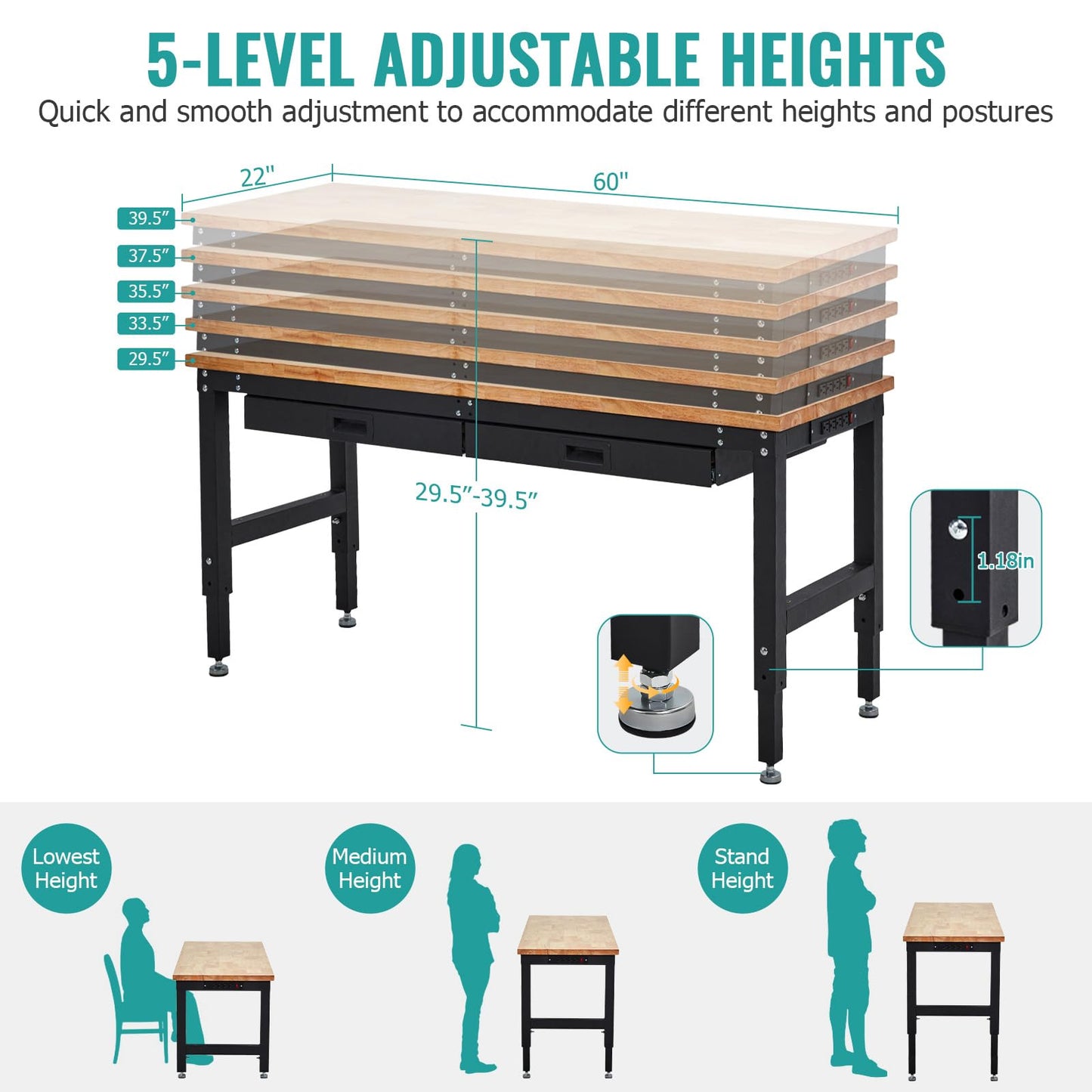 60 Inches Workbench, Rubber Wood Tabletop Work Table with 2 Drawers & Pegboard, 3000 LBS Heavy Duty Adjustable Height Work Bench with Power Outlets for Workshop, Office, Garage