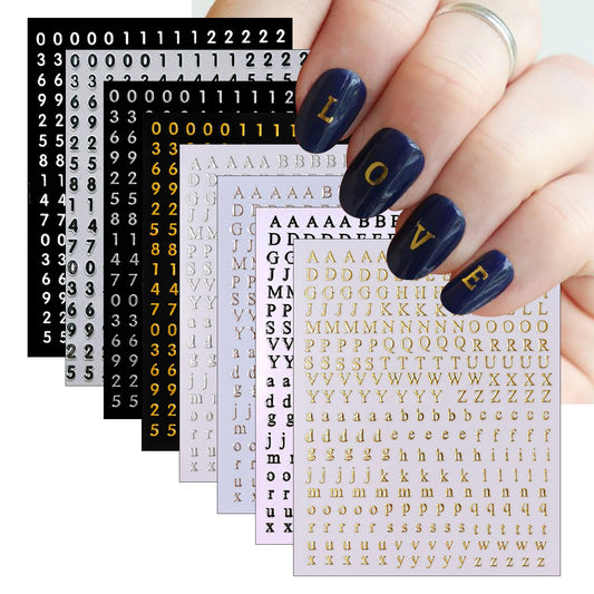 8 Sheets Holographic Digital Letter Nail Art Stickers 3D Self-Adhesive Black and White Letter Nail Stickers Gold and Silver English Characters Design Nail Supplies Women DIY Nail Art Decoration