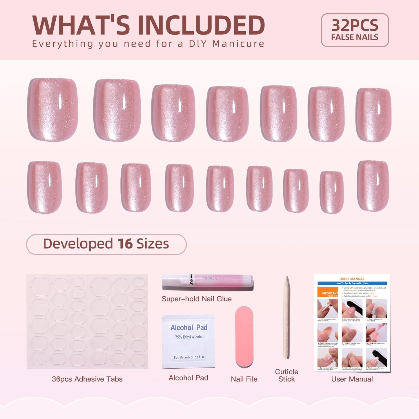Hrnsnails Short Square Press On Nails, Glue On Nails Short Pink Fake Nails with Cat Eye Press On Nails Designs, Nails Press Ons Soft Gel False Nails, Artificial Nails Stick On Nails for Women