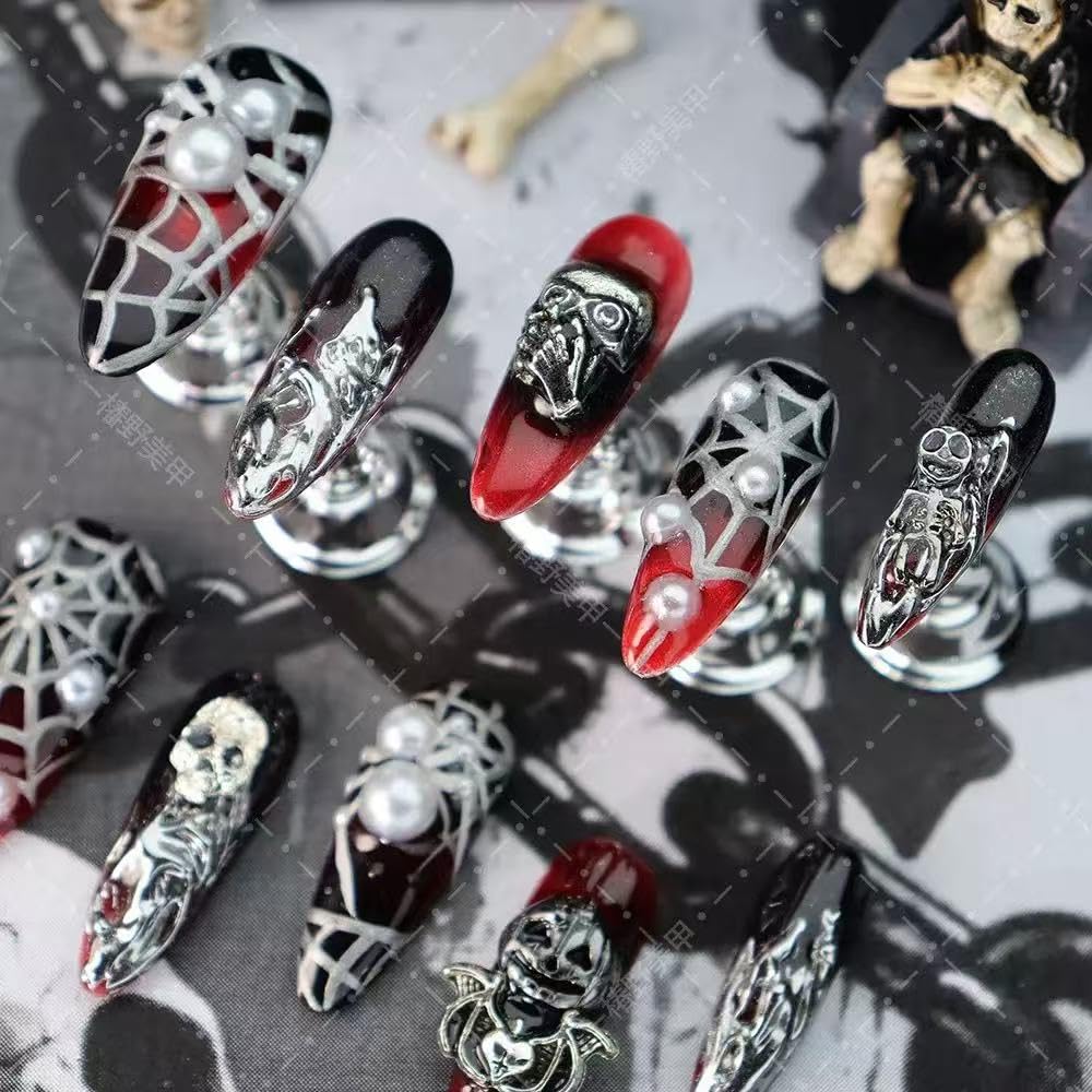 Halloween Press on Nails 100% Handmade Nail Press Ons Medium Almond Fake Nails with Spider Skeleton Silver Charms Design Ombre Red Black Halloween Nail for Women Girls Manicure Size M