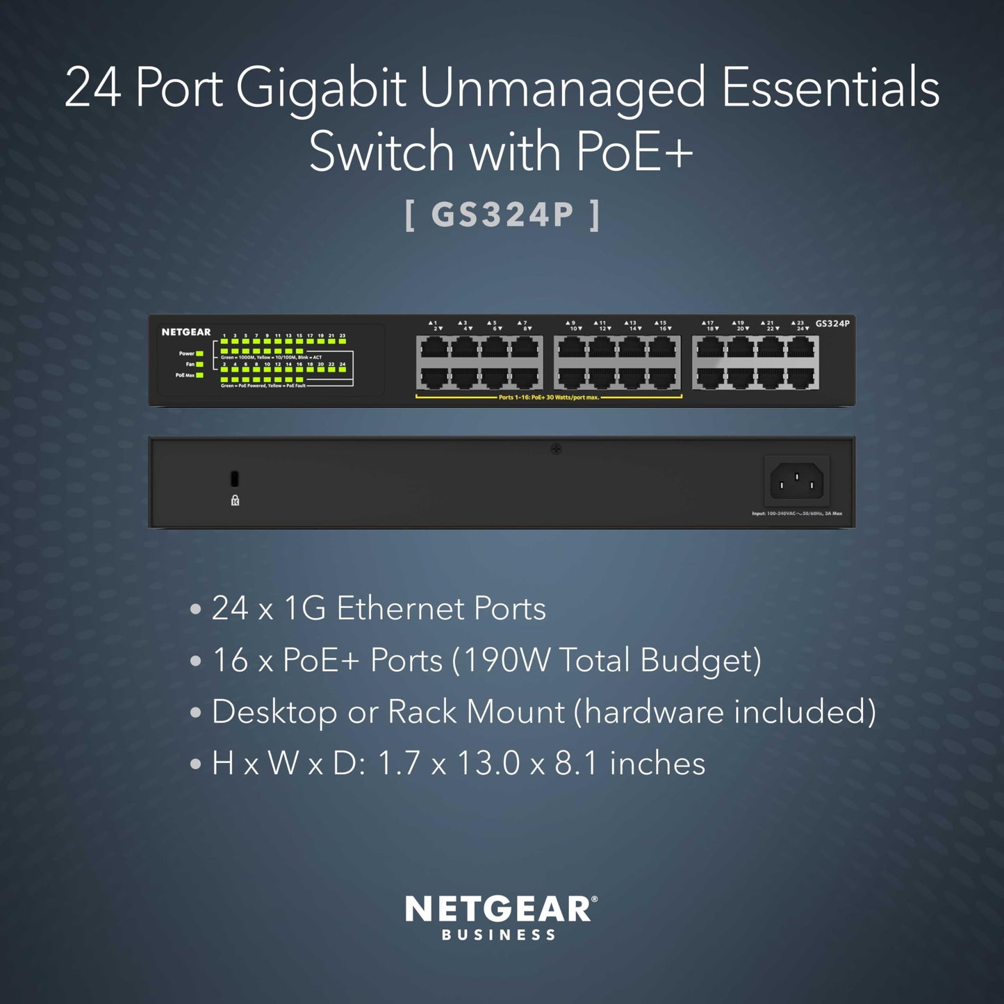 NETGEAR 24 Port PoE Switch Unmanaged – 24 Port PoE Gigabit Switch with 16 PoE+ Ports (190W), Desktop or Rackmount (GS324P)