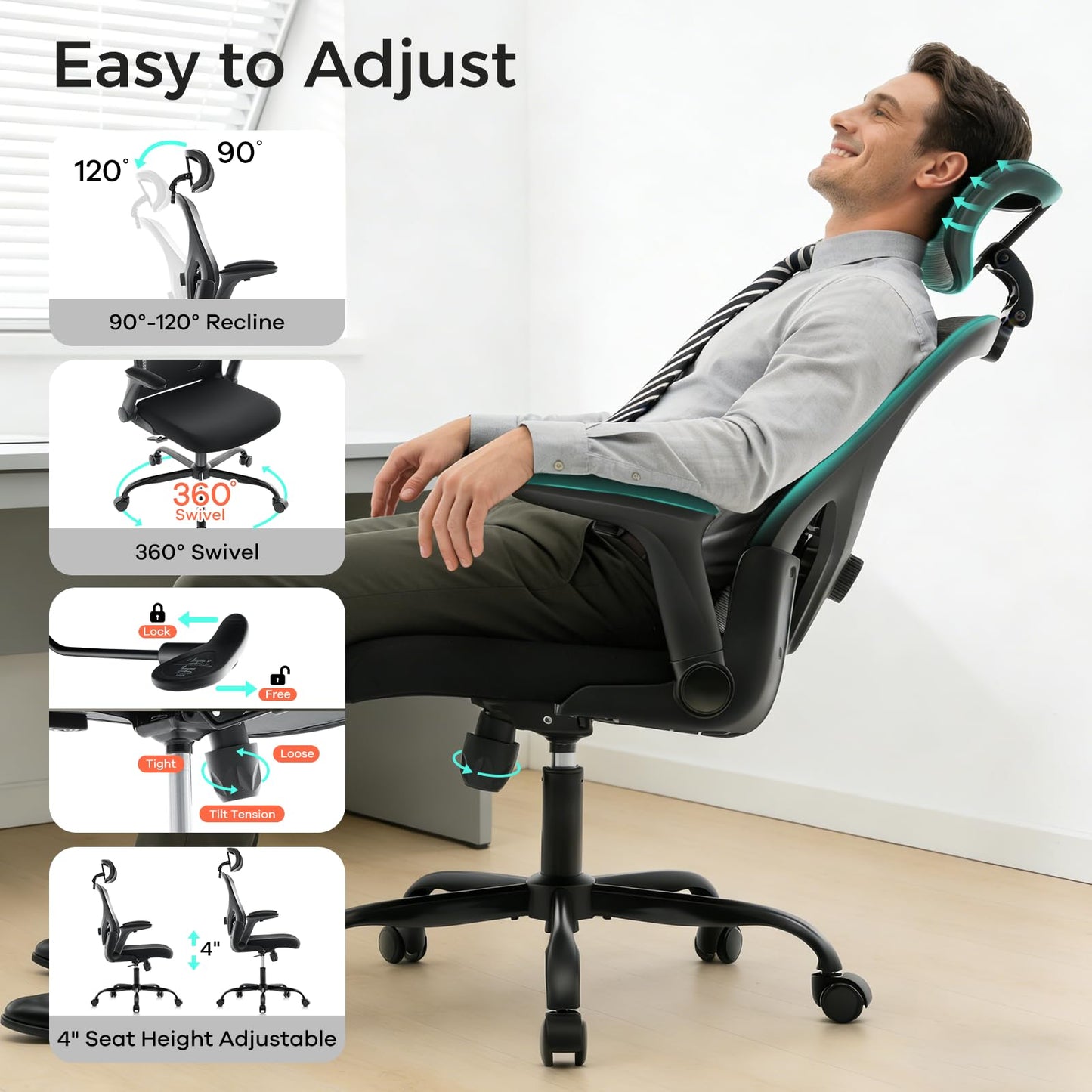 Morkprism Office Chair,Ergonomic Office Desk Chair with 2D Adjustable Lumbar Support,3D Headrest,2D Arms,330LBS High Back Mesh Computer Home Office Chairs Rolling Tilting Swivel Executive Chairs Black