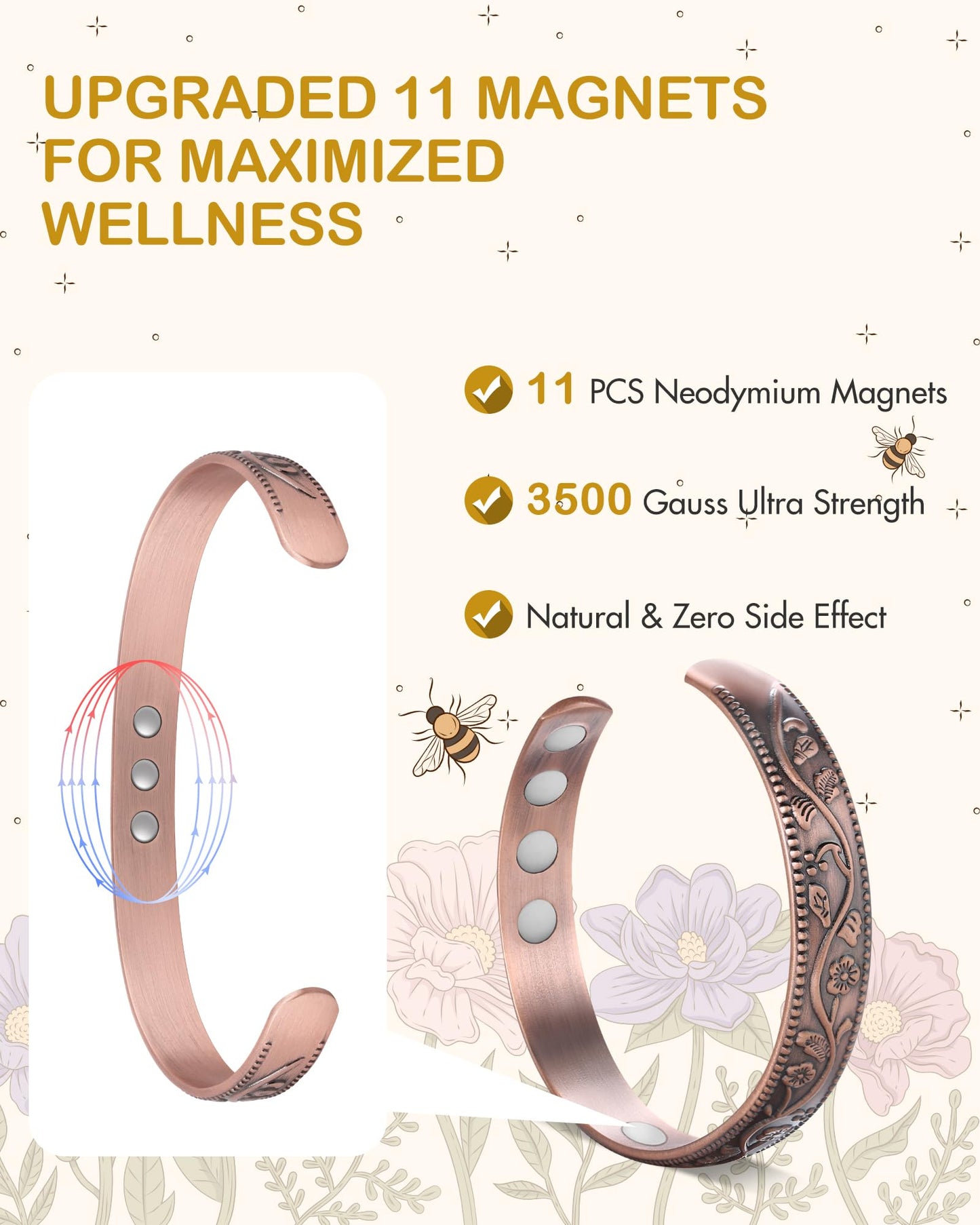 Feraco Copper Bracelet for Women, 11X Ultra Strength Magnetic Bracelets, 99.99% Pure Copper Cuff Bangle with 3500 Gauss Neodymium Magnets, Adjustable, Vintage Flower Collection (Set of 2)