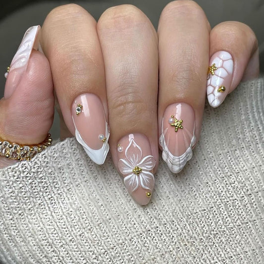 24 Pcs 3D Flower Nail Press ons Medium Almond Fake Nails with Gold Beads Star Desings White French Tip Press on Nails Glossy Nude False Nails Acrylic Full Cover Glue on Nails for Women Spring Manicure