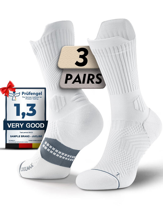 Juclise Womens Coolmax Bamboo Viscose Compression Running Crew Socks, Moisture-Wicking Anti-Blister Hiking&Gym Athletic (US, Alpha, Medium, Regular, Regular, Glacier White)