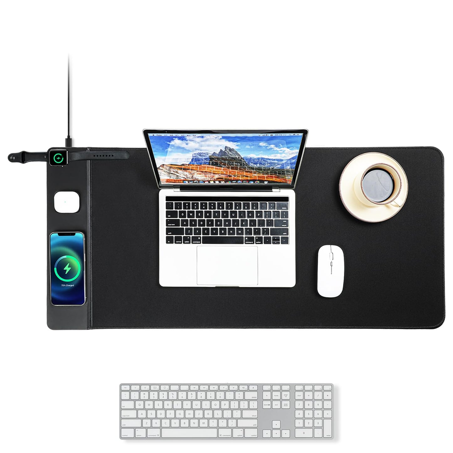 VOVIPO 3 in 1 Wireless Charging Mouse Pad, Gaming Mousepad with Wireless Charger Multiple Devices Compitable with Watch/iPhone/Airpods, Large Desk Mat 90 x 40cm,Desk Pad for MacBook, PC, Laptop-Black