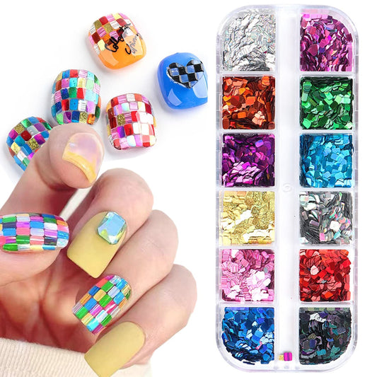 Square Glitter Nail Art Sequins, 12 Colors Rectangle Glitters Flakes Design, Holographic 3D Sparkly Acrylic Nails Supplies for Women Girls Manicure Charms Decorations, DIY Shiny Nail Art Tips
