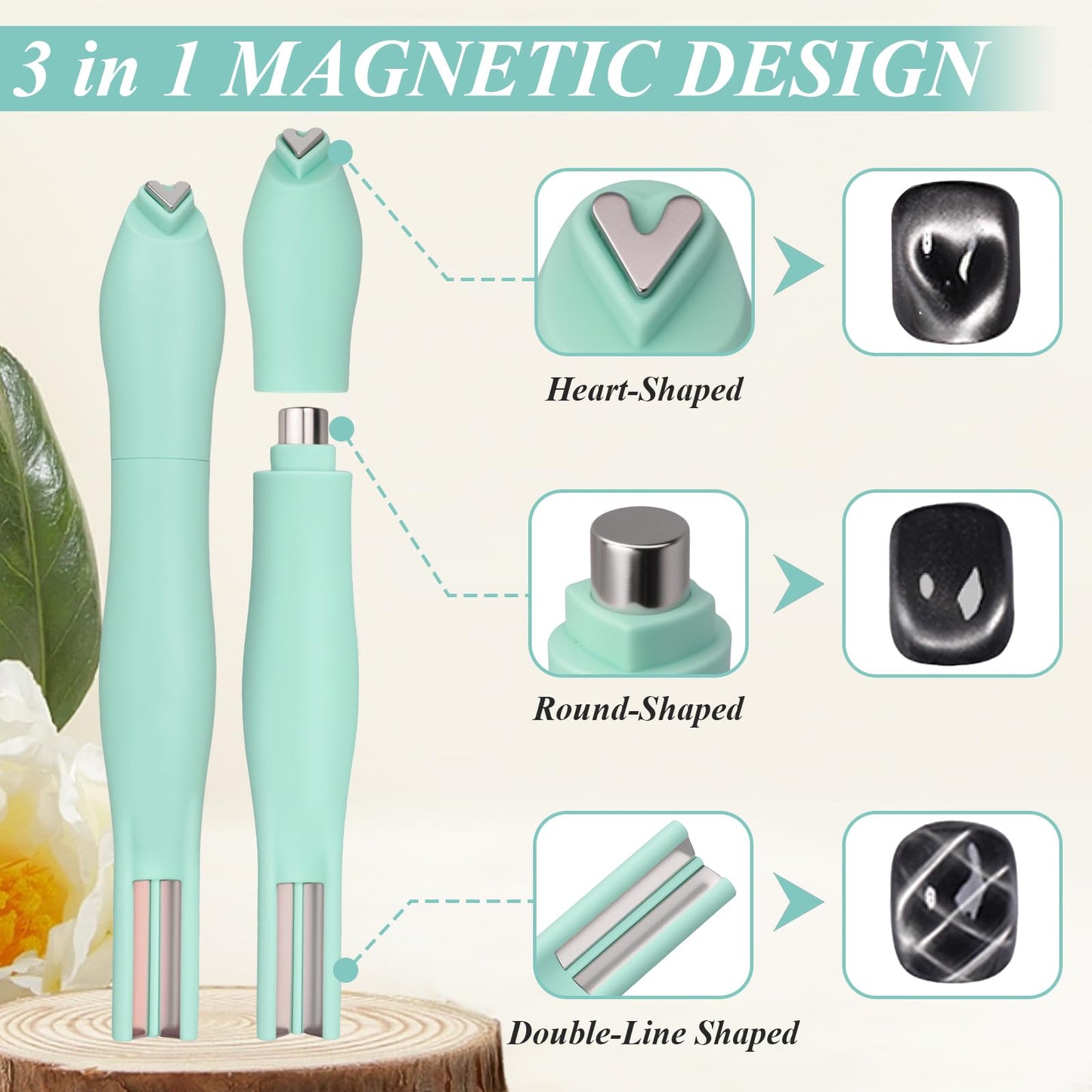 Plman 3 in 1 Heart Magnet for Cat Eye Gel Polish, Double-Head Flower Design Nail Magnetic Pen, Multifunctional Cat Eye Magnet for Nail, Cat Eye Nail Magnet with Nail Magnet Guides (Heart Set-Green)