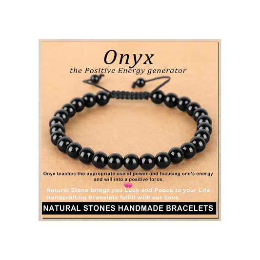 AD Beads 4mm Black Onyx Bracelet - Stone of Safety Protection - Handmade Natural Stone Crystal Bracelet with Adjustable Macrame String - Yoga Healing Power Energy Gifts for Men and Women