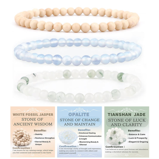 NCB 3-Piece 4mm Natural Crystal Gemstone Stretch Bracelets – ﻿Opalite, Tianshan Jade, White Fossil Jasper Handmade Reiki Energy Healing Jewelry for Meditation,Yoga, Unisex