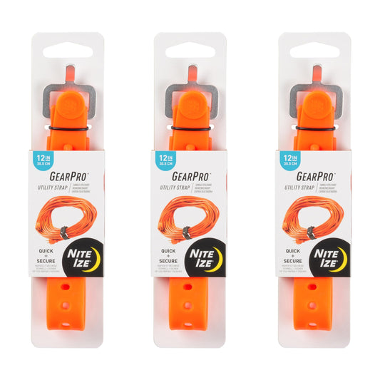 Nite Ize GearPro Utility Strap - Durable All-Purpose Utility Rubber Strap with Aluminum Buckle - Secure Equipment & Gear - UV-Resistant & Stretchy - 12", Bright Orange (3 Pack)