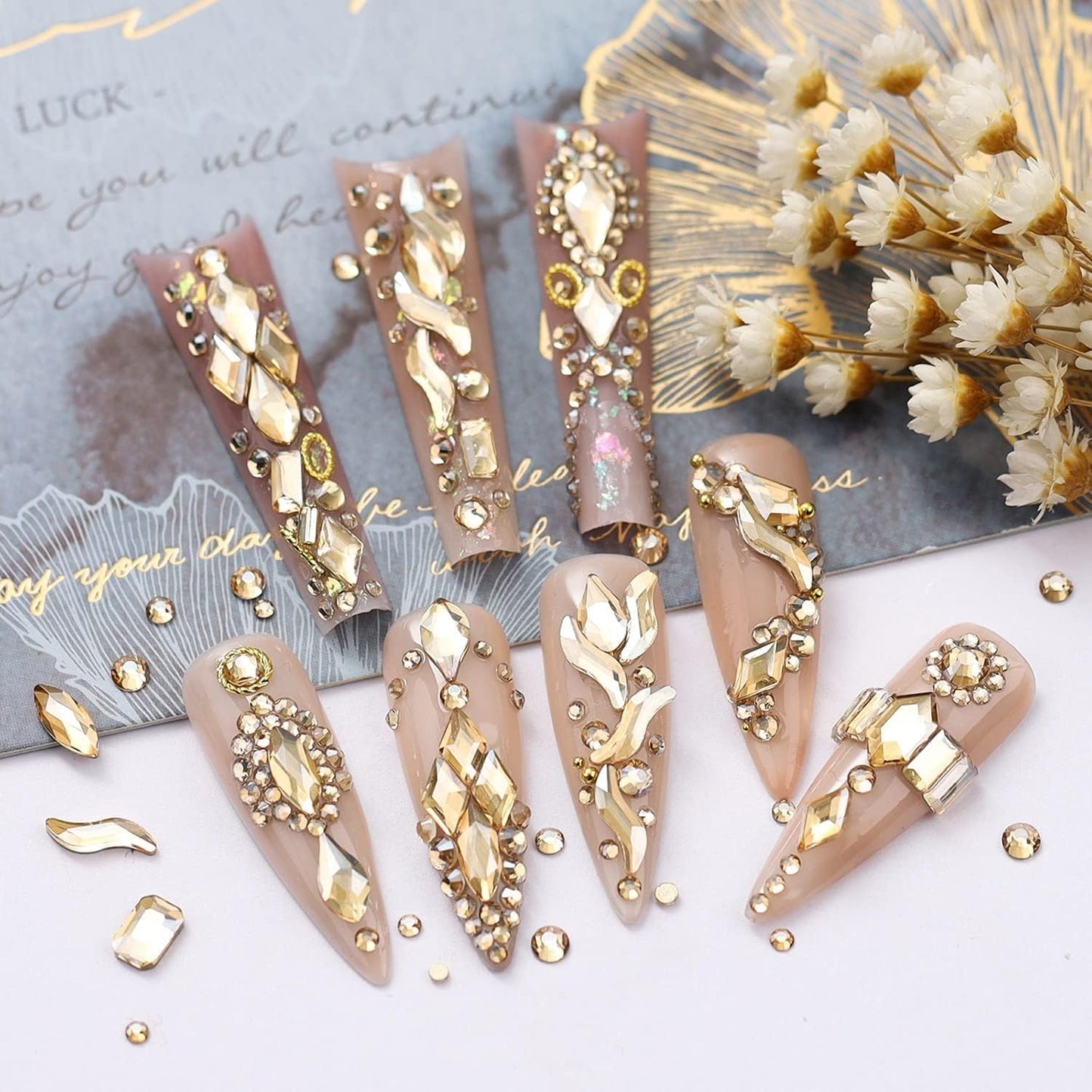 qiipii 24 Styles Champagne Gold Nail Rhinestones Multi Shapes K9 Glass Flatback Crystals Gems Round Beads Stones Diamonds Jewels Nail Art Charms Supplies for Nails Face Eyes Makeup Crafts Clothes