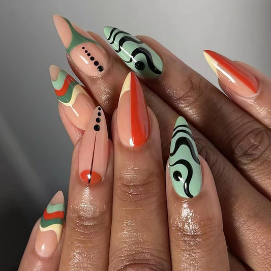 MERVF Almond Press on Nails Medium Fake Nails Colorful Summer Irregular Abstract Pattern Design Acrylic Swirls Glossy 24pcs