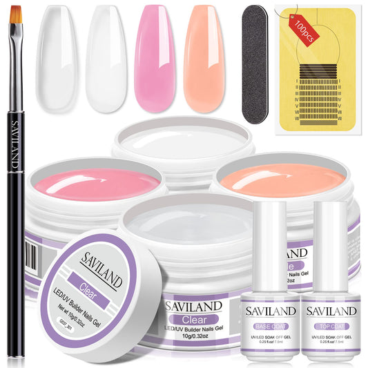 SAVILAND Builder Nail Gel Kit: 4 Color U V Hard Gels Clear White Pink Nudes for Nail Extension Strengthening Sculpting and Building with 100 Nail Forms Brush Pen Base & Top Gels for Nail Art Home DIY