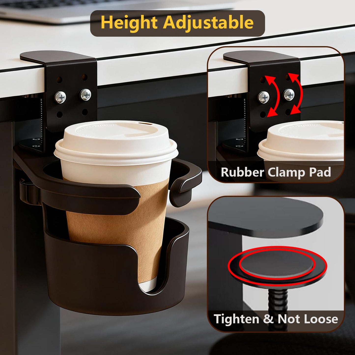 JAXYOOM Desk Cup Holder Clip On 360° Rotating Clamp,Deeper Anti-Spill Drink Holders for Water Bottles & Coffee Mugs,Adjustable Clamp Fits Screw On Table for Drinks,Office,Gaming Desk,Home,Black