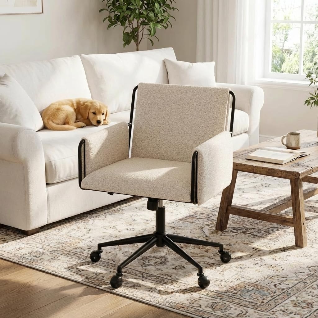 YOUNIKE Wide Seat Home Office Chair, Modern Desk Chair with Comfy Back & Thick Cushion, Fabric, Metal Base, Height Adjustable, Swivel Rolling Task Chair with Wheels for Study/Vanity/Bedroom, Beige