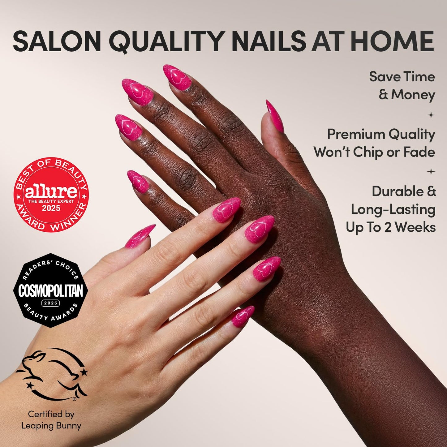 Glamnetic Press On Nails - Text Me Back | Short Almond Fake Nails in Hot Pink with Cat-Eye Magnetic Heart Designs in a Velvet Finish | 15 Sizes - 30 Nail Kit with Glue