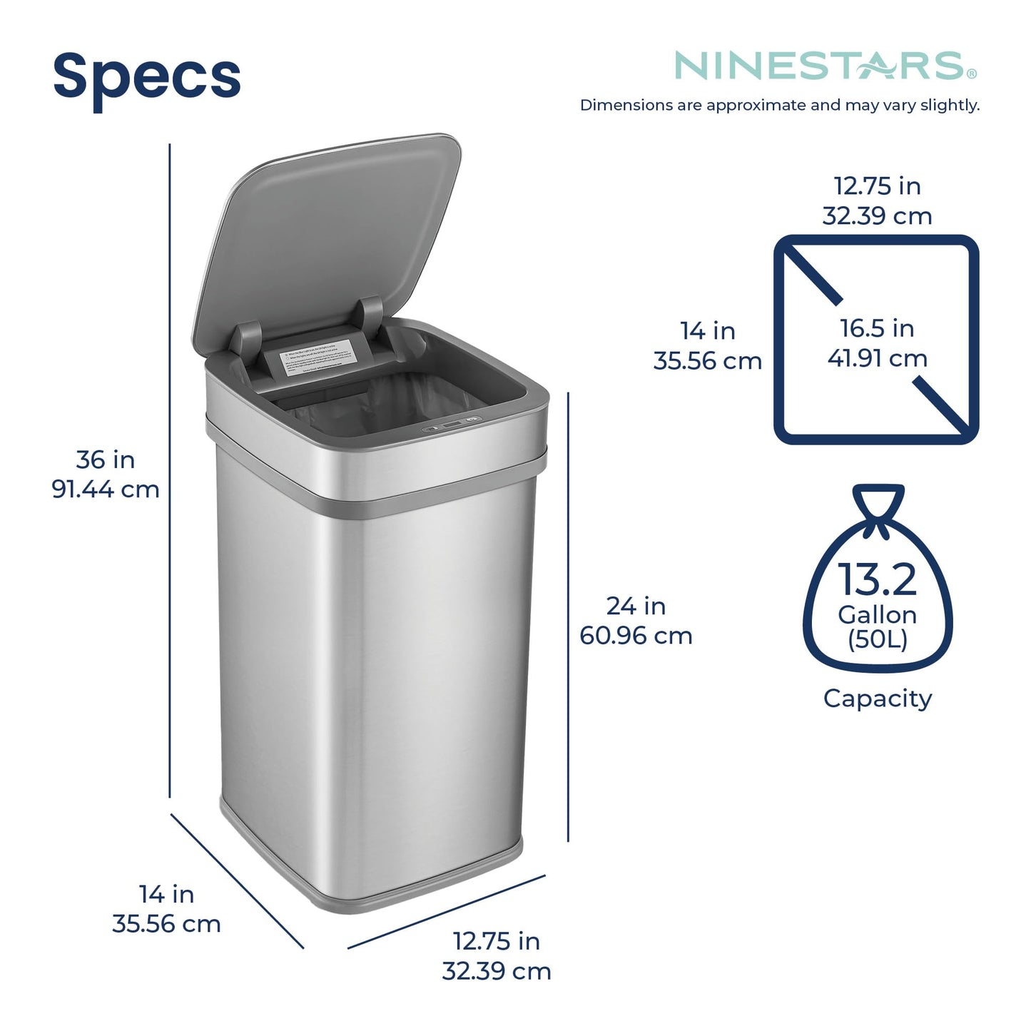 Ninestars 13 Gallon Odor Neutralizing Smart Trash Can, UV + Ozone Dual Purification, Odor Control Motion Sensor Garbage Bin, Universal Power Adapter, ONT-50-82SL Stainless Steel, Silver, Nova Series