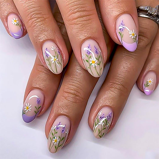 Purple French Tip Press on Nails Medium Almond Nails Lavender Fake Nails with Glue Purple French Nail Tip Acrylic Nails Design Full Cover False Nails Stick on Nails for Women DIY Manicure Tips