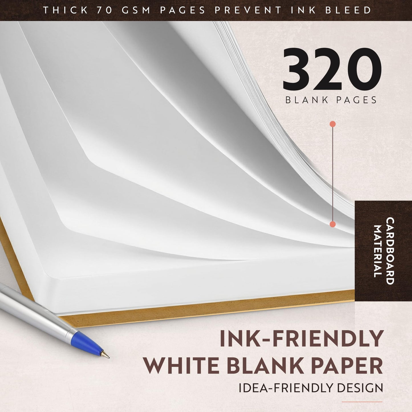 moonster Blank Journal Notebook Paper - A5 Journal Refill - for Refillable Leather Journal - Premium Milled Inserts Blank Sketch Book, Unlined Notepad 8.25 x 5.8 Inch, with 320 Pages 70gsm & Bookmark