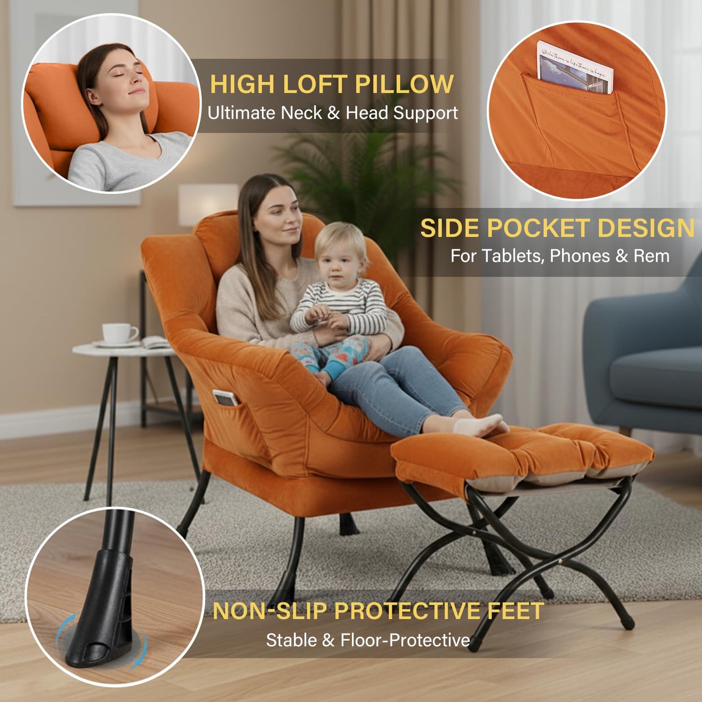 Givjoy Lazy Chair and Ottoman, Large Accent Orange Velvet Chair with Side Pocket, Modern Leisure Upholstered Reading Armchair with Footrest for Office, Bedroom, Living Room, Dorm Rooms, Balcony
