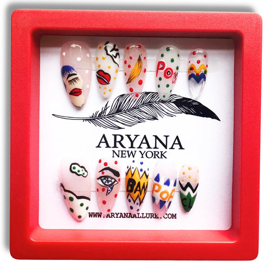 Handmade Press on Nails 3D Almond Fake Nails Clear Press on False Nails with Hand Painted Pop Art Design with French tips Fall Nails for Women 10 PCS Handcrafted - Pop Art Collection - (Small)