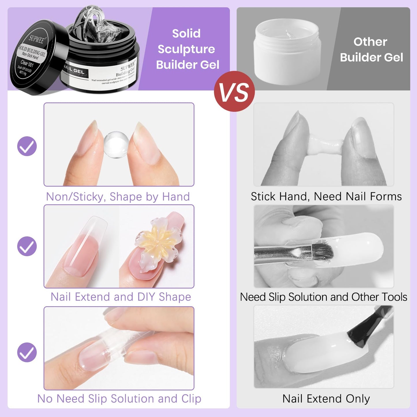 SUPWEE 3d Sculpting Gel for Nail Art Non Stick Hand Hard Gel for Nails Clear White and Pearl White Solid Builder Gels for Nails for Extension Carving Sculpting Beauty Charms for Beignner and Salon DIY