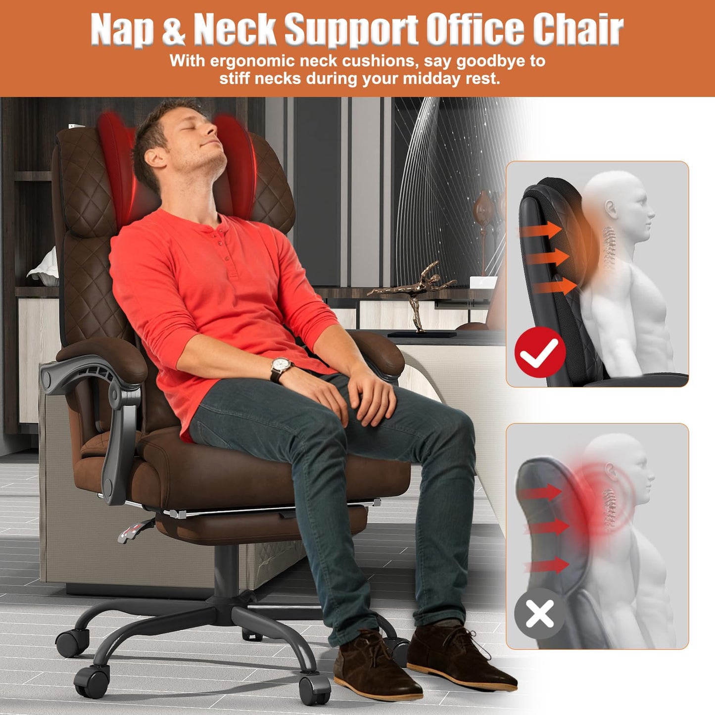 Ergonomic Office Chair with Footrest, 400lbs High Back Executive Home Office Computer Chair with Unique Ear-Shape Headrest for Neck Support,Coffee Leather Office Chairs for Home Office Work