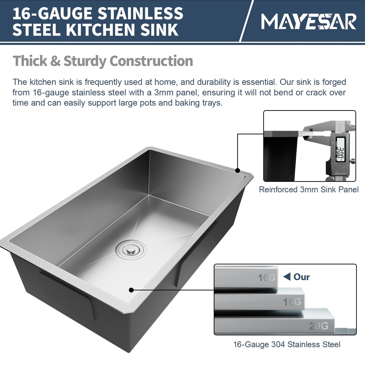 MAYESAR 30 Inch Undermount Kitchen Sink - 30 x 18 Stainless Steel Kitchen Sinks 16 Gauge Single Bowl 9" Deep Handmade Sink with Brushed Finish, Round Corner