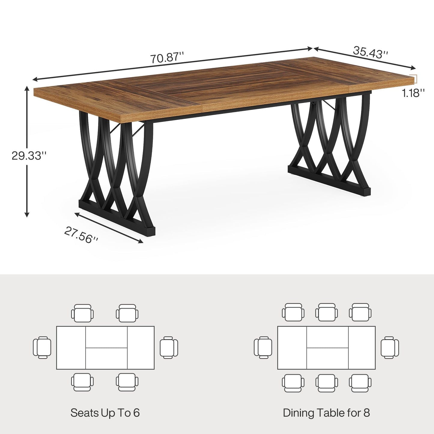 Tribesigns 6 ft Conference Table for 6-8 People, 70.86-Inch Rectangle Meeting Seminar Table with Unique Curved Metal Support for Home Office (Without Chair, Retro Brown & Black) (1)