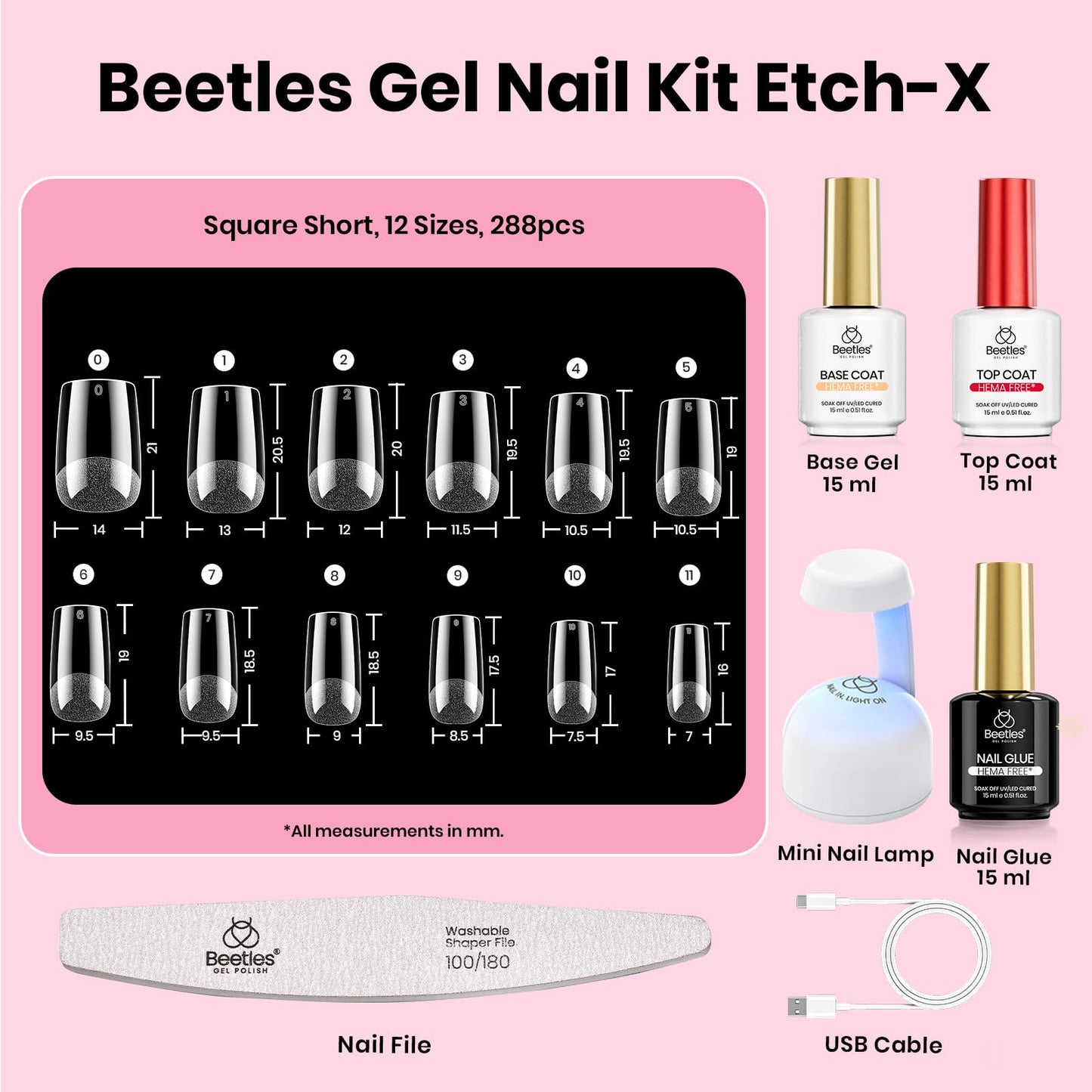 Beetles Gel Nail Kit Etch-X, Square Short, 288pcs 12 Sizes Nail Tips, 3Pcs 15ml HEMA-Free Nail Glue Top Coat & Base Gel Set, with Mini Lamp, Press On Nail, Long Lasting Extension DIY Set at Home