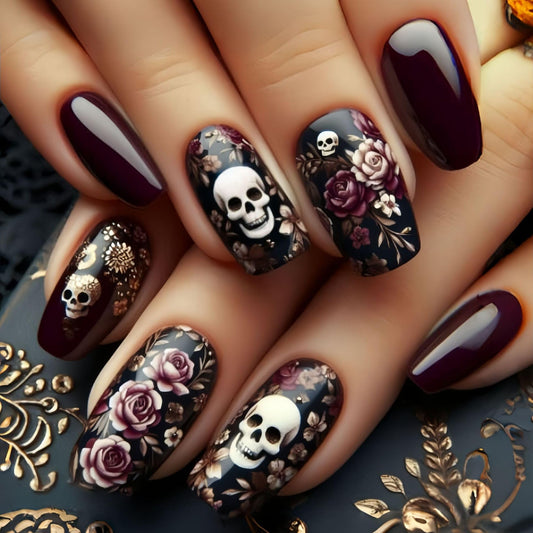 24Pcs Halloween Press on Nail Skull Nails Press ons Medium Length Fake Nail Square Flower False Nails Reusable Black Acrylic Stick on Nail Halloween Glue on Nails for Women Girls
