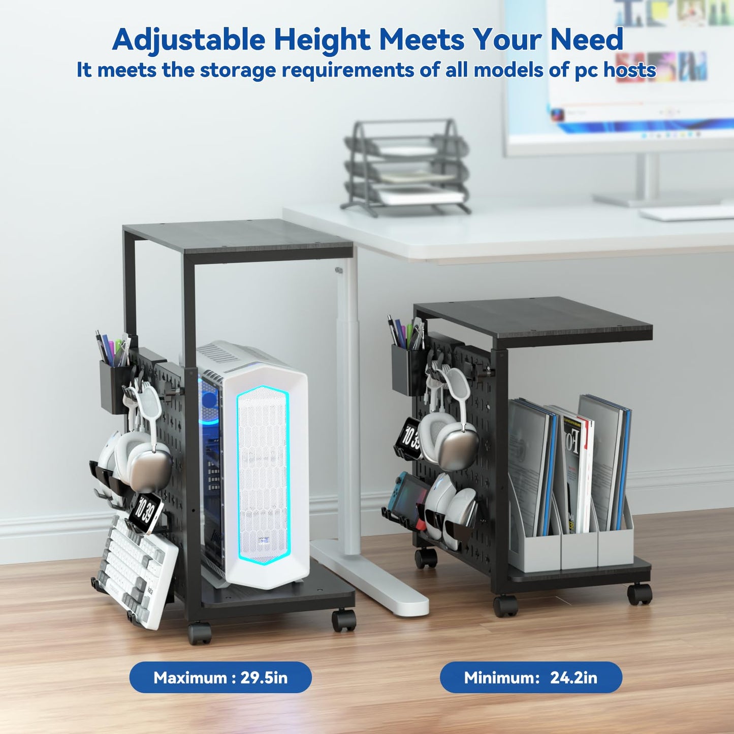 Computer Tower Stand with Pegboard Organizer, Height Adjustable 2-Tier PC Tower Shelf for Floor with Accessories, CPU Holder Cart with Locking Wheels for Most PC Gaming Home Office, 24.2-29.5"