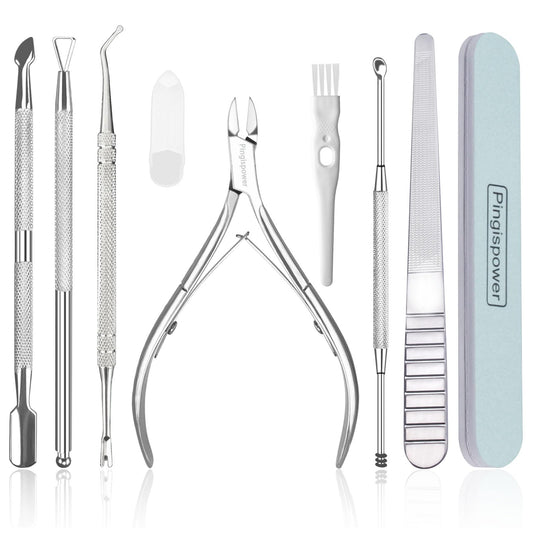 Pingispower Cuticle Trimmer & Cuticle Pusher Kit, 9PCS Professional Stainless Steel Cuticle Nippers & Cuticle Cutter Remover Manicure Tool for Women Home Salon &Travel for Fingernails & Toenails